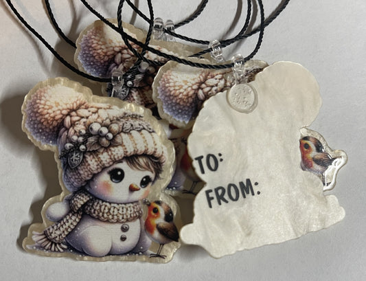 SNOWMAN WITH BIRD KEEPSAKE GIFT TAG ORNAMENT SET OF 5