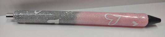 SILVER TO LIGHT PINK GLITTER PEN WITH WHITE HEARTS