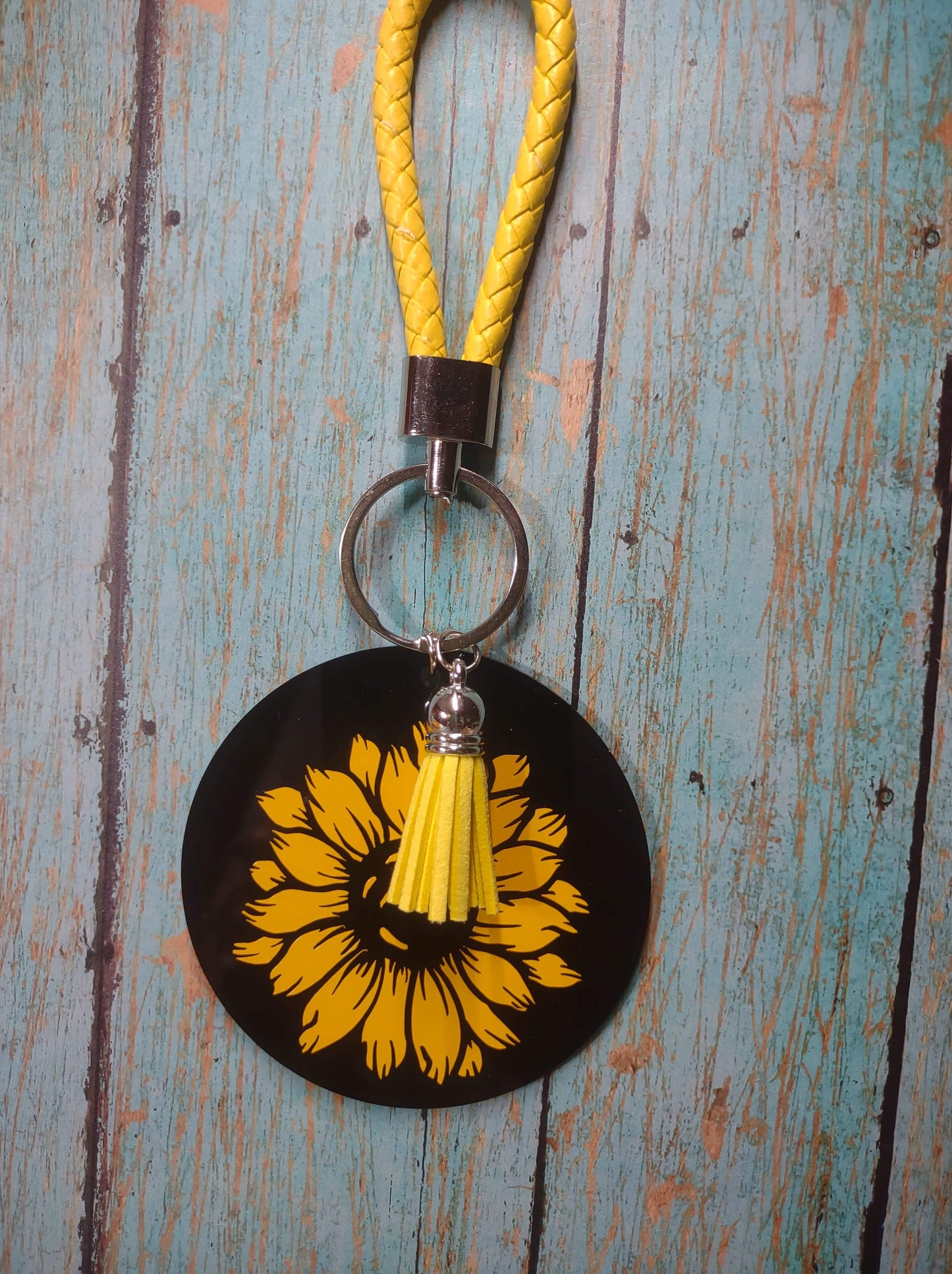 Black Keychain with Sunflower and Wristlet 