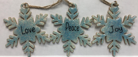 Blue Snowflakes Love, Peace, Joy Set of 3