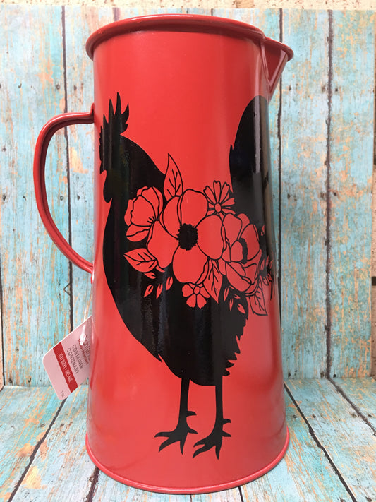 Red Metal Pitcher with Floral Rooster