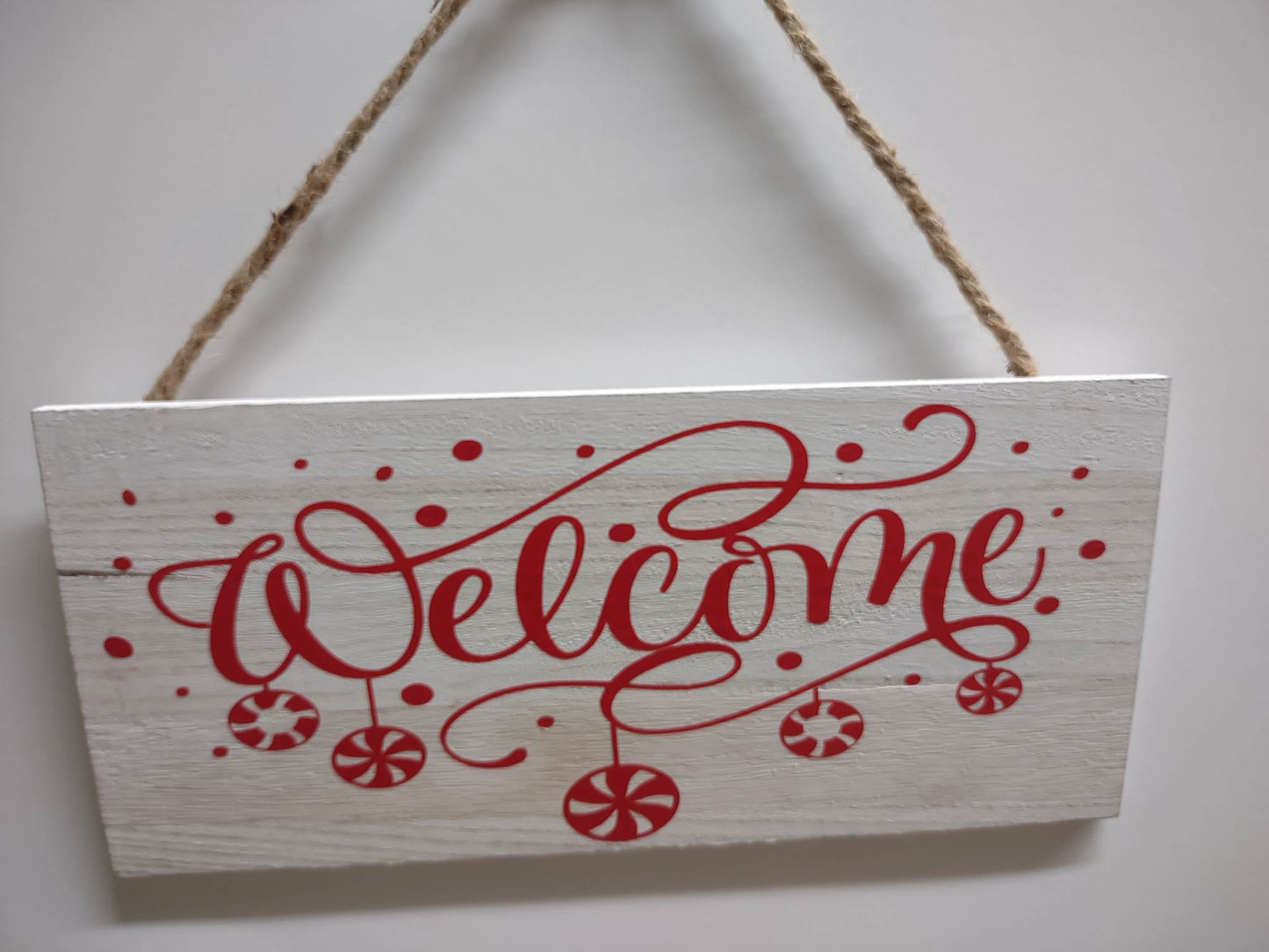 White Peppermint Welcome Sign with Red Vinyl